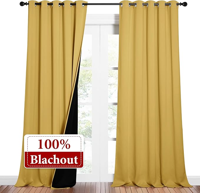 NICETOWN Total Shade Curtains and Draperies, Heavy-Duty Full Light Shading Drapes with Black Liner Backing for Villa/Hall/Dorm Window（Bright Yellow, Package of 2 Panels, 62" Wide x 95" Long