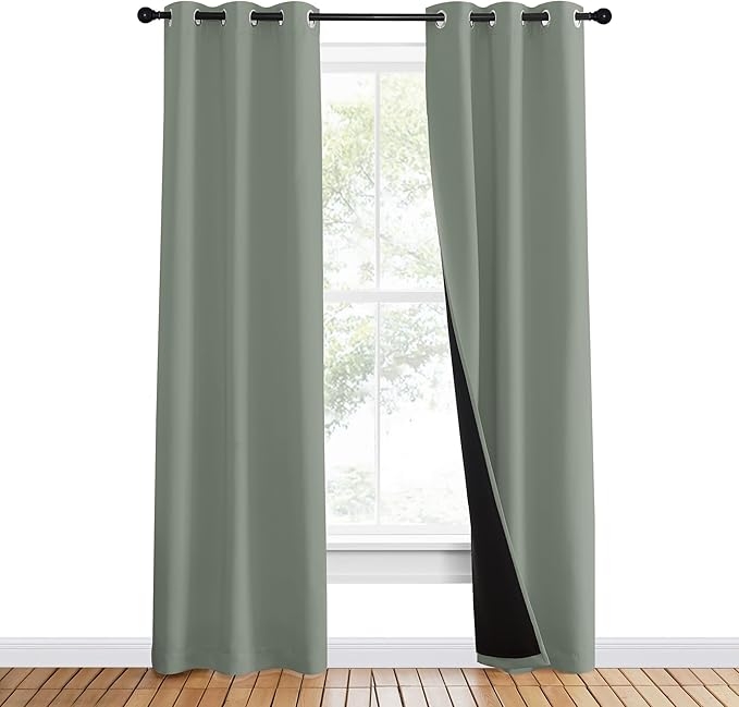 NICETOWN 100% Blackout Window Curtain Panels, Heat and Full Light Blocking Drapes with Black Liner for Nursery, 80" Drop Thermal Insulated Draperies (Greyish Green, 2 Pieces, 37" Wide Each Panel)