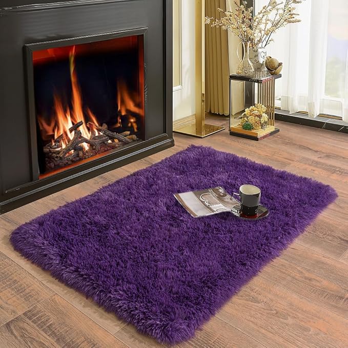 Soft Runner Rugs for Bedroom Hallways, 2x3 Purple Fluffy Shag Throw Area Rug Non Slip for Bedside Dorm, Long Shaggy Furry Carpet for Nursery Living Room