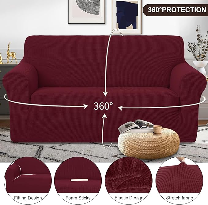 U-NICE HOME Loveseat Cover Stretch Couch Cover Sofa Cover Sofa Slipcover Furniture Protector for 2 Cushion Couch Sofa Pet Friendly(Loveseat, Burgundy)