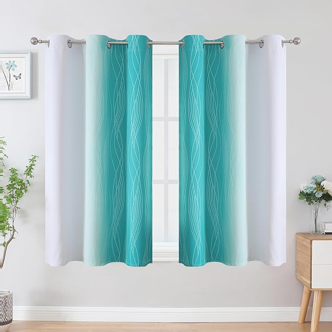 Estelar Textiler Teal and Greyish White Blackout Curtains 54 Inch Length, Light Blocking Gradient Grommet Drapes for Living Room, Thermal Insulated Ombre Curtains for Bathroom,42Wx54L,2 Panels