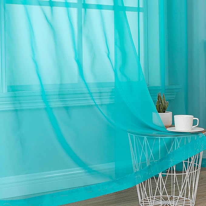 OVZME 2 Panels Sheer Curtains 108 Inches Long, Light Filtering Semi Transparent Lightweight Voile Rod Pocket Window Curtains for for Yard, Patio, Villa, Parlor, W42 x L108, Turquoise