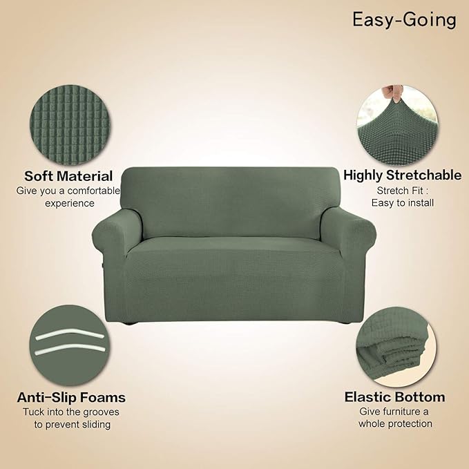 Easy-Going Stretch Sofa Slipcover 1-Piece Sofa Cover Furniture Protector Couch Soft with Elastic Bottom for Kids, Polyester Spandex Jacquard Fabric Small Checks (Sofa, Greyish Green)