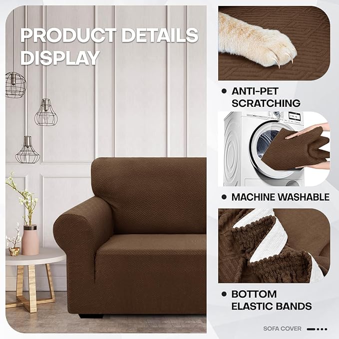 ZNSAYOTX 1 Piece Jacquard Couch Covers for 3 Cushion Couch High Stretch Sofa Cover for Pets Dogs Anti Slip Extra Large Sofa Slipcovers Furniture Protector (X-Large, New Pattern Coffee)
