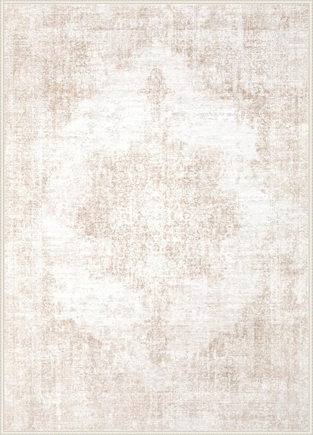 Area Rug 5x7 Vintage Rugs: Washable Living Room Rug Retro Medallion Distressed Large Rug Soft Low Pile Non-Slip Rugs Indoor Floor Carpet for Bedroom Kitchen Nursery Dining Table Office (Beige/Brown)
