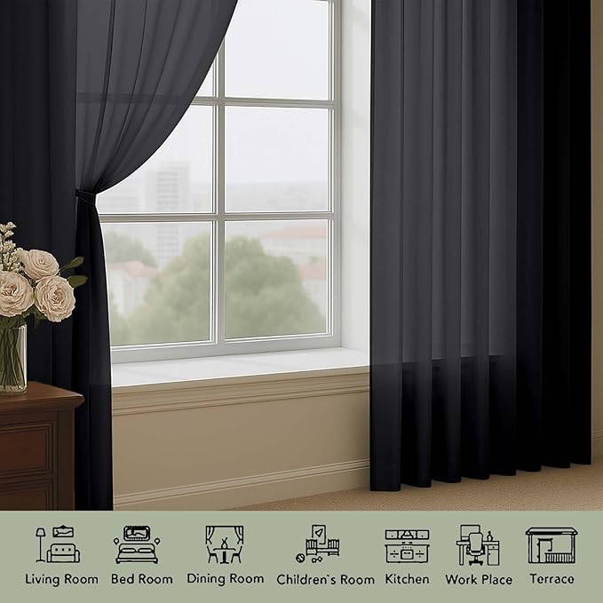 OWENIE Black Sheer Curtains, Sheer Curtains 96 inches Long 2 Panels Set, Rod Pocket Voile Fimly Sheer Drapes for Living Room/Bedroom, 2pcs, Each 59" W x 96" L