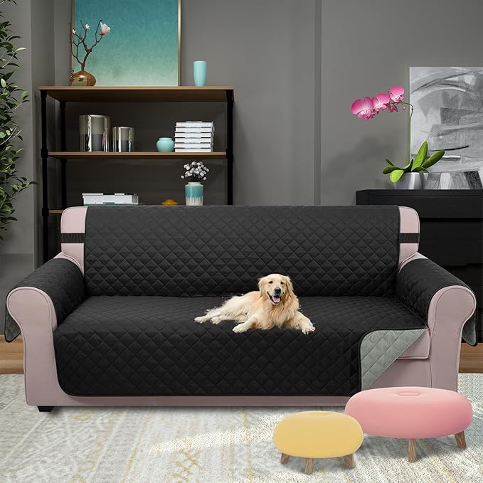 U-NICE HOME Reversible Sofa Cover Couch Cover for Dogs with Elastic Straps Water Resistant Furniture Protector for Pets Couch Cover for 3 Cushion Couch (Sofa, Black/Grey)
