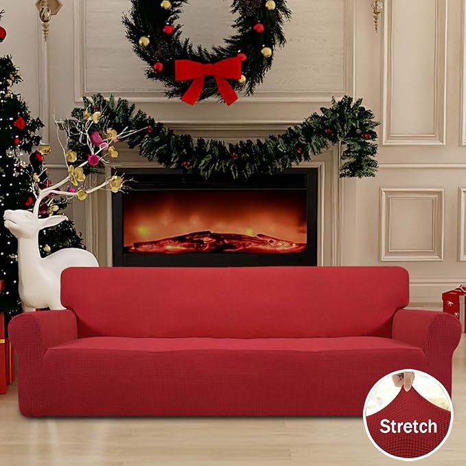 Easy-Going Stretch 4 Seater Sofa Slipcover 1-Piece Sofa Cover Furniture Protector Couch Soft with Elastic Bottom for Kids, Polyester Spandex Jacquard Fabric Small Checks Christmas Red
