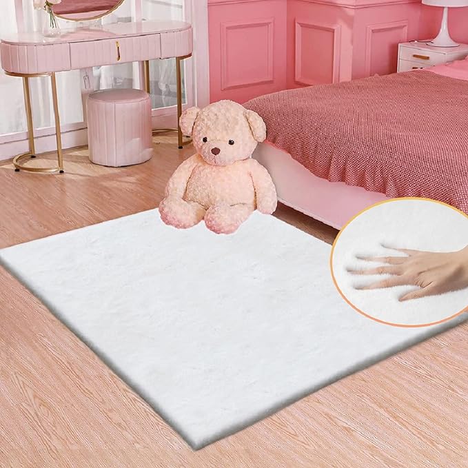 ORINOVA White Shaggy Bunny Fur Rugs for Living Room Washable Furry Area Rugs for Bedroom Nursery Rug 3x5 Teen Room Décor Boho Rug