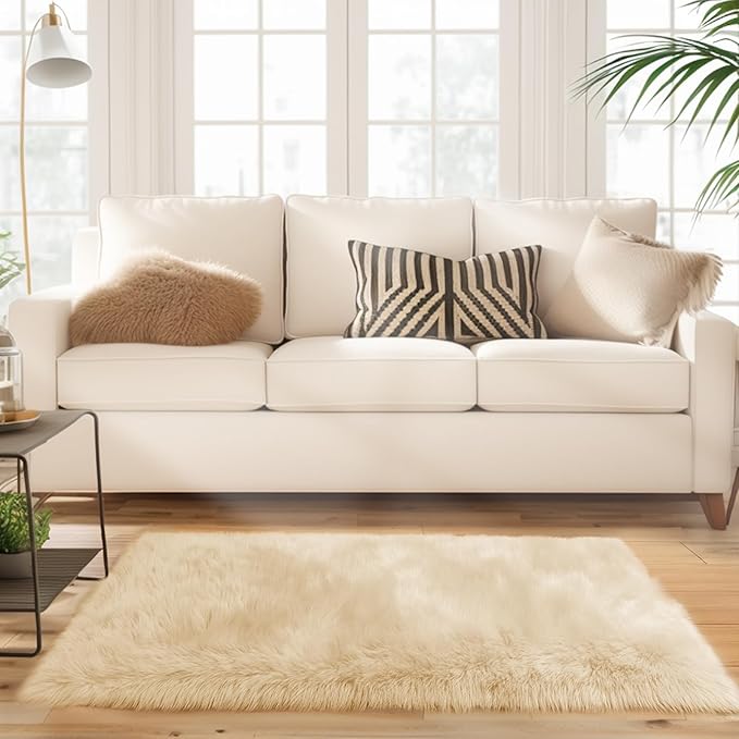 Ciicool Beige Fur Fluffy Rug, 2x4 ft Small Faux Fur Rugs for Bedroom, Washable Faux Sheepskin Rug for Sofa Couch Seat Cushion, Thick Shaggy Furry Rugs Floor Carpets for Bedside Living Room