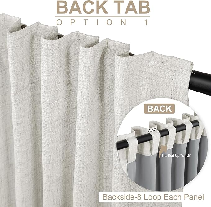 100% Blackout Shield Linen Blackout Curtains for Bedroom 108 Inches Long, Back Tab/Rod Pocket Living Room Drapes, Thermal Insulated Blackout Curtains 2 Panels Set, 50" W x 108" L, Beige