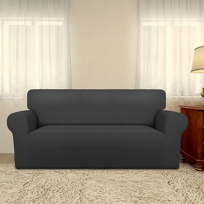 PureFit Super Stretch Sofa Slipcover – Spandex Non Slip Soft Couch Sofa Cover, Washable Furniture Protector with Non Skid Foam and Elastic Bottom for Kids, Pets (Oversized Loveseat, Dark Gray)