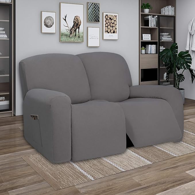 PureFit Super Stretch Loveseat Recliner Sofa Couch Cover with Pocket – 2 Seats Non Slip Soft Sofa Slipcover, Washable Reclining Furniture Protector for Pets (Recliner Loveseat, Light Gray)