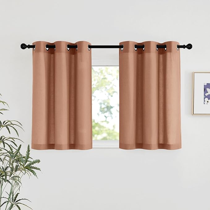 NICETOWN Linen 36 inch Curtains for Kitchen Window, Grommet Thick Flax Linen Terracotta Small Window Treatments Privacy Assured with Light Filtering for Cafe/Kids Room, W42 x L36, 2 Panels