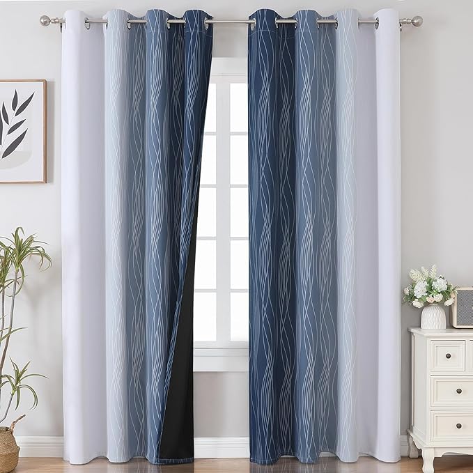 Estelar Textiler Navy Blue and Greyish White Blackout Curtains 108 Inches Long, Thermal Insulated Long Curtains for Bedroom, Full Light Blocking Energy Saving Drapes for Living Room,52Wx108L, 2 Panels