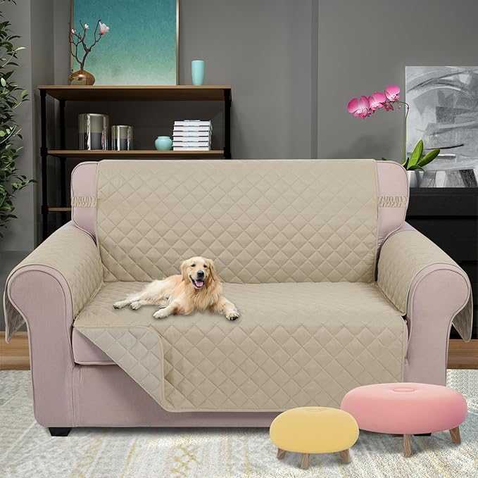 U-NICE HOME Loveseat Sofa Cover Reversible Couch Cover for Dogs with Elastic Straps Water Resistant Furniture Protector for Pets for 2 Cushion Couch (Loveseat, Sand/Beige)