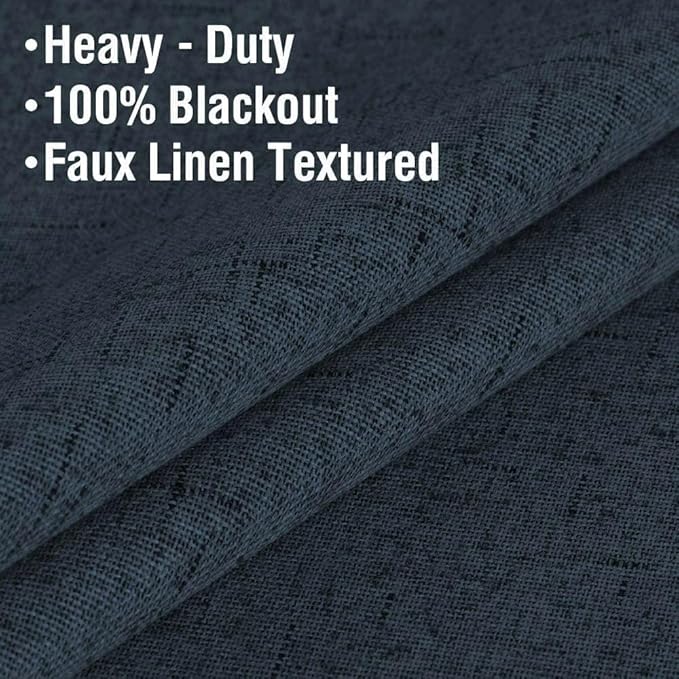 H.VERSAILTEX Linen Blackout Curtains 45 Inches Long 100% Absolutely Blackout Thermal Insulated Textured Linen Look Curtain Draperies Anti-Rust Grommet, Energy Saving with White Liner, 2 Panels, Navy
