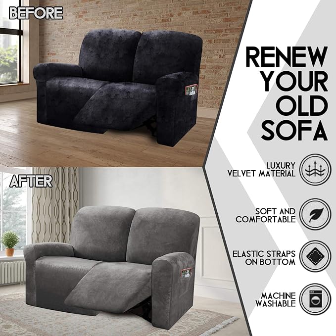 ULTICOR Reclining Love Seat Slipcover, 48" - 65" L, 6-Piece Velvet Stretch Loveseat Reclining Sofa Covers, 2 seat Love seat Recliner Cover, Thick, Soft, Washable (Dark Grey)