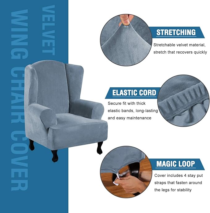 H.VERSAILTEX Wingback Chair Covers Velvet Plush Wing Chair Slipcover 1 Piece High Stretch Wing Back Chair Slipcovers Sofa Cover Furniture Cover with Elastic Bottom, Stone Blue