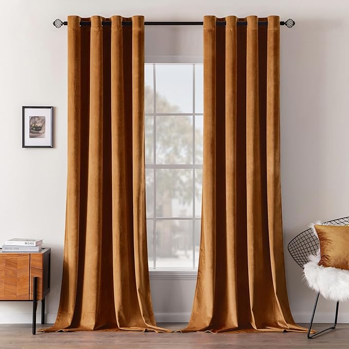 MIULEE Velvet Curtains Gold Brown Elegant Grommet Curtains Thermal Insulated Soundproof Room Darkening Curtains/Drapes for Fall Living Room Bedroom Decor 52 x 90 Inch Set of 2, Pumpkin Brown