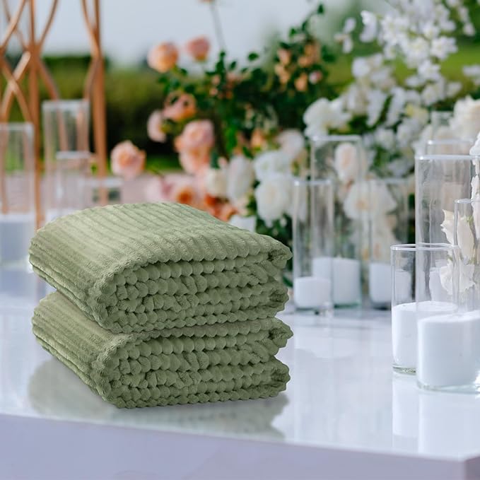 Buryeah 12 Pcs Flannel Throw Blanket Bulk 50 x 60 Inch Wedding Throw Blanket Soft Lightweight Winter Blankets with Striped Ribbed for Sofa Room Couch Donation Homeless Gifts (Sage Green)