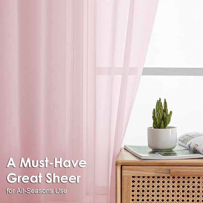 OVZME Blush Pink Sheer Valances for Windows 14 Inch Length 2 Pcs, Light Filtering Short Kitchen Curtains, Top Dual Rod Pocket Small Curtains for Living Room Bedroom Basement, Each 42Wx14L Inches