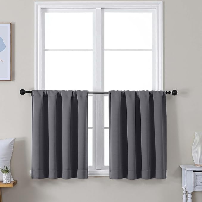Simplebrand Ava Grey Short 30 Inches Blackout Curtain 2 Panels Set, Half Window Rod Pocket Privacy Curtain Tiers for Kitchen, Curtains Blackout for Bathroom Shades, W30 x L30 Inch, Grey