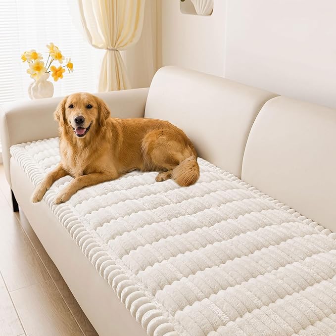 hyha Couch Covers for Dogs Washable, Non Slip Plush Dog Sofa Protectors, Fuzzy Pet Couch Covers for 3 Cushion Sofa Pet Friendly (White, 27.6" x 82.7")