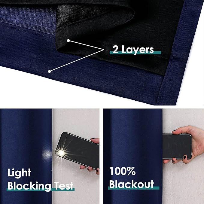 ChrisDowa 100% Blackout Curtains 63 inch Long for Bedroom with Black Liner, Extra Wide 2 Thick Layers Total Blackout Thermal Insulated Grommet Window Curtains 2 Panels Set (Navy Blue, 60 x 63 Inch)