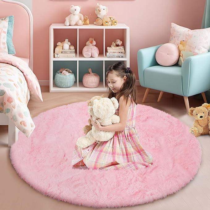 yulidayang Pink Fluffy Round Area Rugs for Bedroom,6'X6'Shag Circle Area Rugs for Girls Room,Non Slip Fuzzy Plush Rug for Kids Room Living Room and Dorm Home Decor Rug