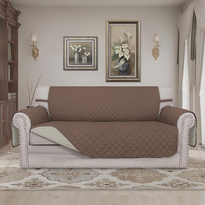 Easy-Going Sofa Slipcover Reversible Loveseat Sofa Cover Couch Cover for 2 Cushion Couch Furniture Protector with Elastic Straps for Pets Kids Dog Cat (Oversized Loveseat, Brown/Beige)