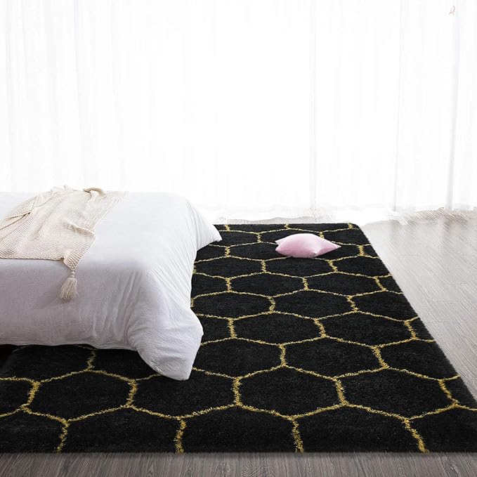 TWINNIS Super Soft Shaggy Rugs Fluffy Carpets, 4x5.9 Feet, Indoor Modern Plush Area Rugs for Living Room Bedroom Kids Room Nursery Home Decor, Upgrade Anti-Skid Rectangular Fuzzy Rug, Black Gold