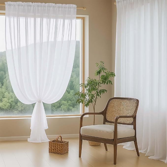 White Sheer Curtains 120 Inches Long 2 Panels, Extra Long Light Filtering Modern Window Curtains for Sliding Glass Door, Rod Pocket Voile Drapes for Living Room Bedroom, 2x42Wx120L Inches
