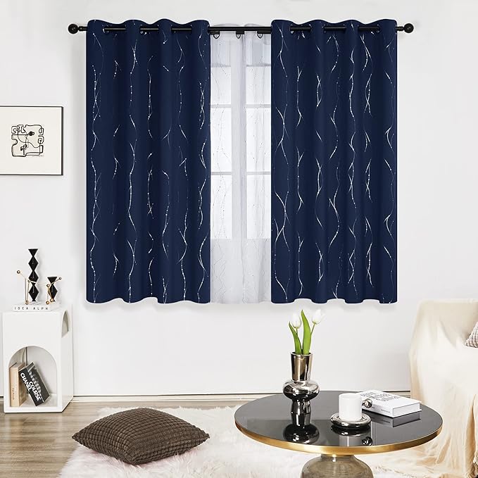 Deconovo Blackout Curtains 54 Inch Length for Kitchen, Navy Blue Curtain, Thermal Insulated Soundproof Privacy Curtain with Silver Wave Dot Print, Machine Washable Panel for Small Windows Nursery Home