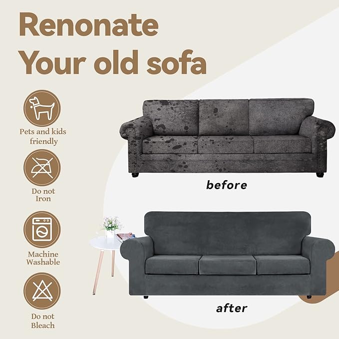 WEERRW 4 Pieces Velvet High Stretch Couch Covers for 3 Cushion Sofa Slipcovers, Washable Furniture Protector with Non Slip Elastic Bottom, Feature Soft and Thick Plush Fabric, Dark Grey, Large