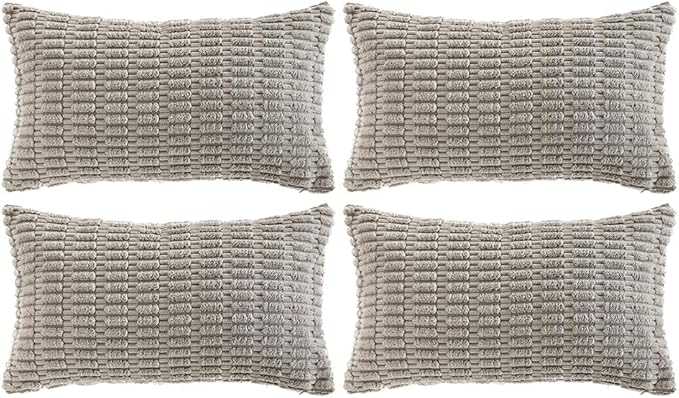 Fancy Homi 4 Packs Grey Decorative Throw Pillow Covers 14x24 Inch for Living Room Couch Bed, Rustic Modern Farmhouse Boho Home Decor, Soft Plush Corduroy Gray Cute Square Accent Cushion Case 35x60 cm