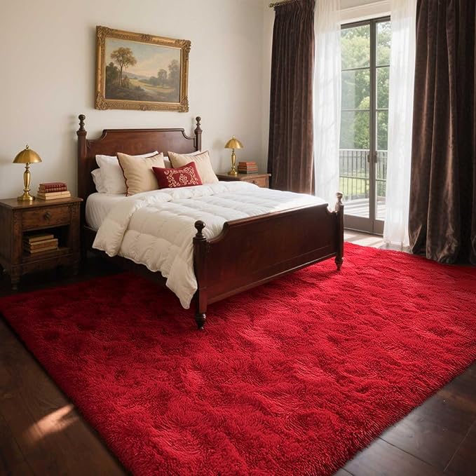 4x6 Ft Red Shag Rugs for Bedroom Living Room Decor, Ultra Soft Fluffy Furry Area Rug for Indoor Floor, Aesthetic Carpet for Home Nursery Dorm Decor