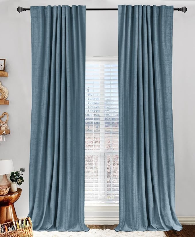 100% Blackout Shield Linen Blackout Curtains for Bedroom 96 Inches Long, Back Tab/Rod Pocket Living Room Drapes, Thermal Insulated Blackout Curtains 2 Panels Set, 50" W x 96" L, Stone Blue