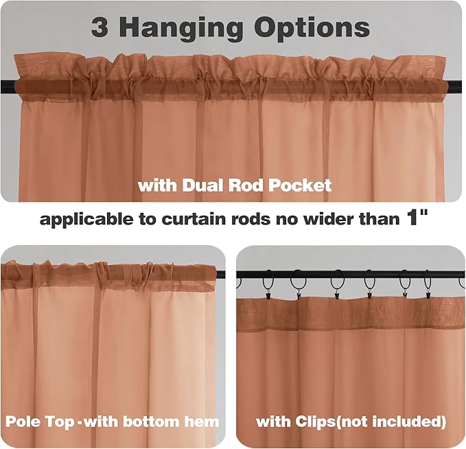 Chyhomenyc Orange Sheer Curtains 36 inch Length 2 Panels, Light Filtering Voile Rod Pocket Short Window Curtians for Bathroom Living Room Farmhouse Small Windows, 42Wx36L inches