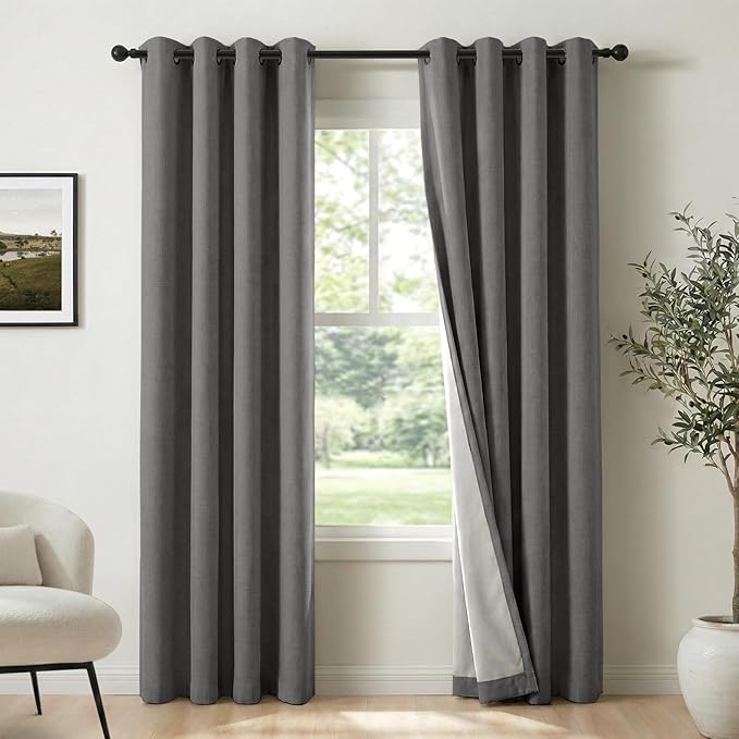 100% Blackout Shield Linen Blackout Curtains for Bedroom, Dark Grey Grommet Curtains for Living Room, Thermal Insulated Room Darkening Drapes for Nursery, Boho Home Decor, 50" W x 84" L, 2 Panels