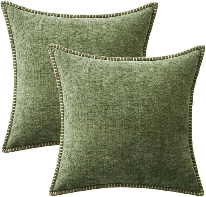MIULEE Pack of 2 Couch Throw Pillow Covers 20x20 Inch Sage Green Farmhouse Decorative Pillow Covers with Stitched Edge Soft Chenille Solid Dyed Spring Pillow Covers for Sofa Bed Living Room