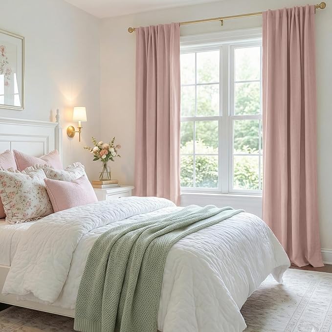 100% Blackout Shield Blush Linen Blackout Curtains for Bedroom 96 Inches Long, Back Tab/Rod Pocket Living Room Drapes, Thermal Insulated Blackout Curtains 2 Panels Set, 50" W x 96" L