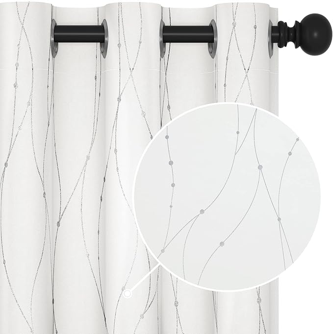 Deconovo White Curtains 84 Inches Long, Room Darkening Curtain, Thermal Insulated Soundproof Drapes, Wave Dots Silver Print, Grommet Top, Window Panels for Living Room Bedroom Nursery Office, Set of 2