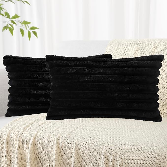 decorUhome Cozy Faux Fur Throw Pillow Covers 12x20 Set of 2 Decorative Soft Plush Striped Lumbar Modern Farmhouse Boho Couch Pillow Cases with Velvet Back for Sofa Bed Living Room, Black