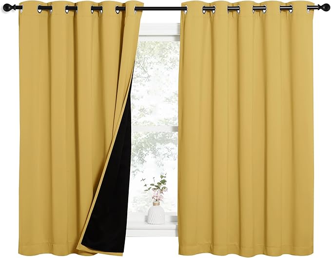 NICETOWN 100% Blackout Curtains with Black Liners, Thermal Insulated Full Blackout 2-Layer Lined Drapes, Energy Efficiency Window Drapes for Bedroom (Bright Yellow, 2 Panels, 62-inch W by 63-inch L)