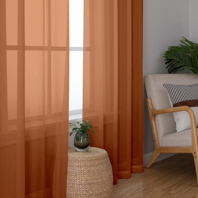 OWENIE Sheer Curtains 72 Inches Long 2 Panels Set, Light Filtering Sheer Curtain Rod Pocket Clear Drapes for Living Room Bedroom Window Sliding Door, Each 42 x 72 Inch, Orange