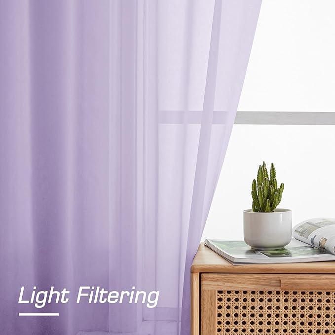 OWENIE Light Purple Sheer Curtains 90 Inches Long 2 Panels Set for Living Room Bedroom, Light Filtering Rod Pocket Clear Sheer Curtain 2Pcs, Each 42" W x 90" L,Lavender