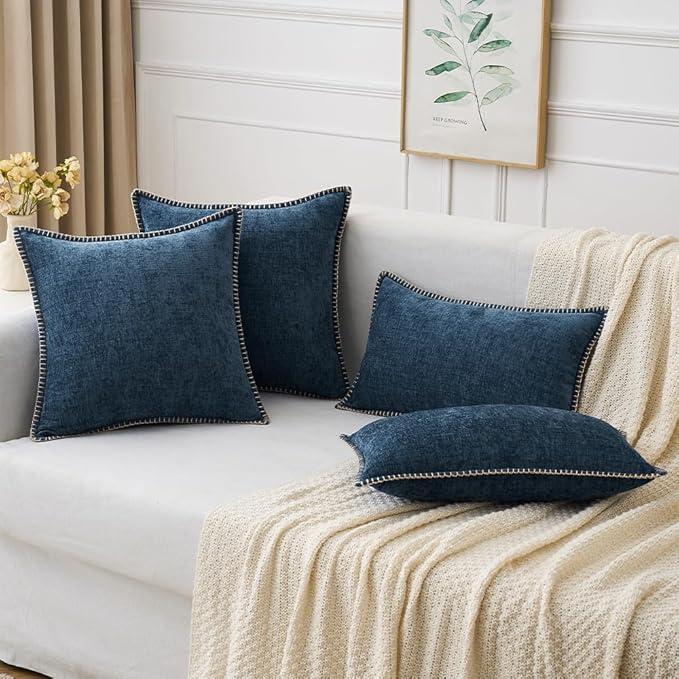 MIULEE Pack of 2 Couch Throw Pillow Covers 18x18 Inch Dark Blue Farmhouse Decorative Pillow Covers with Stitched Edge Soft Chenille Solid Dyed Spring Pillow Covers for Sofa Bed Living Room