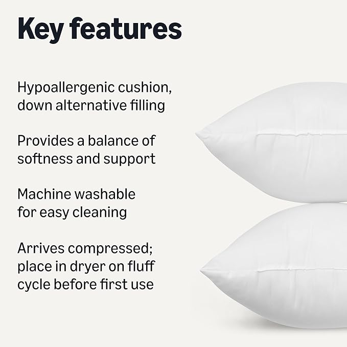 Amazon Basics Square Hypoallergenic Pillow Insert, Sofa Bed Couch Decorative Stuffer, 26", 2 Pack