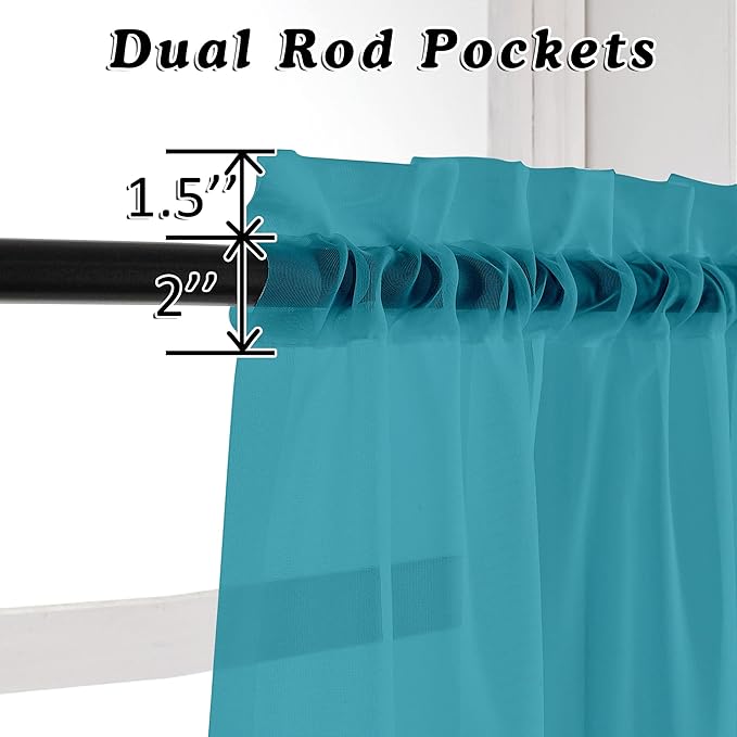 OVZME Turquoise Sheer Curtains 45 Inches Long 2 Panels, Light Filtering Sheer Curtains for Bedroom, Elegant Airy Draperies for Living Room Nursery Room, Dual Rod Pocket, Each 42Wx 45L